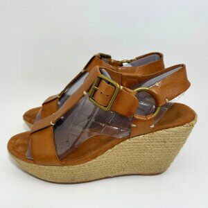 Lucky Brand Fiora T strap leather wedges, tan 7.5M, EUC, IB
